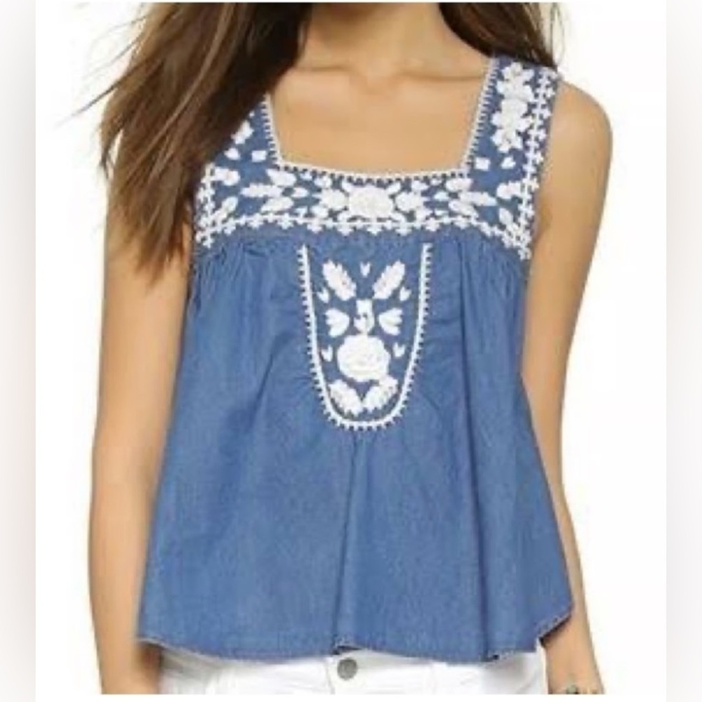 Lovers + Friends Revolve Dream Catcher Top Blue Lagoon Sz L chambray boho beach